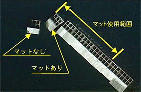 北堤浅部で６函にアスファルトマット使用。北側１函のみ隣接するケーソン（マットなし）移動に伴う捨石マウンドの崩落の影響で移動。